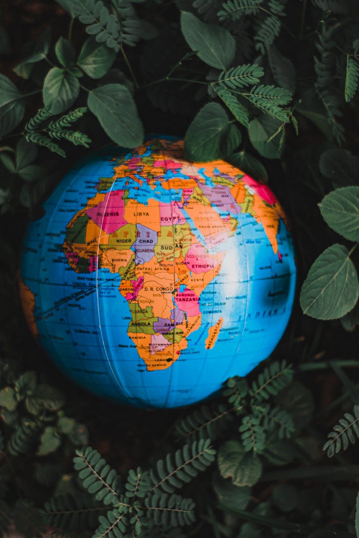 A vibrant globe nestled among green leaves, showcasing Africa.